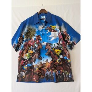 Del Mar Signature Racing Horse Print Short Sleeve Button Up Shirt Mens XL New